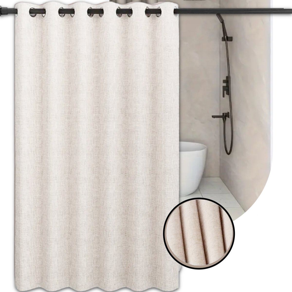 Scandinavisch Imitatie Linnen Douchegordijn 180x200 cm | Crème | Anti-Plak & Anti-Schimmel | Met Metalen Ringen | Stoffen Douche Gordijn | Zonder haakjes | Textiel Nordic Look