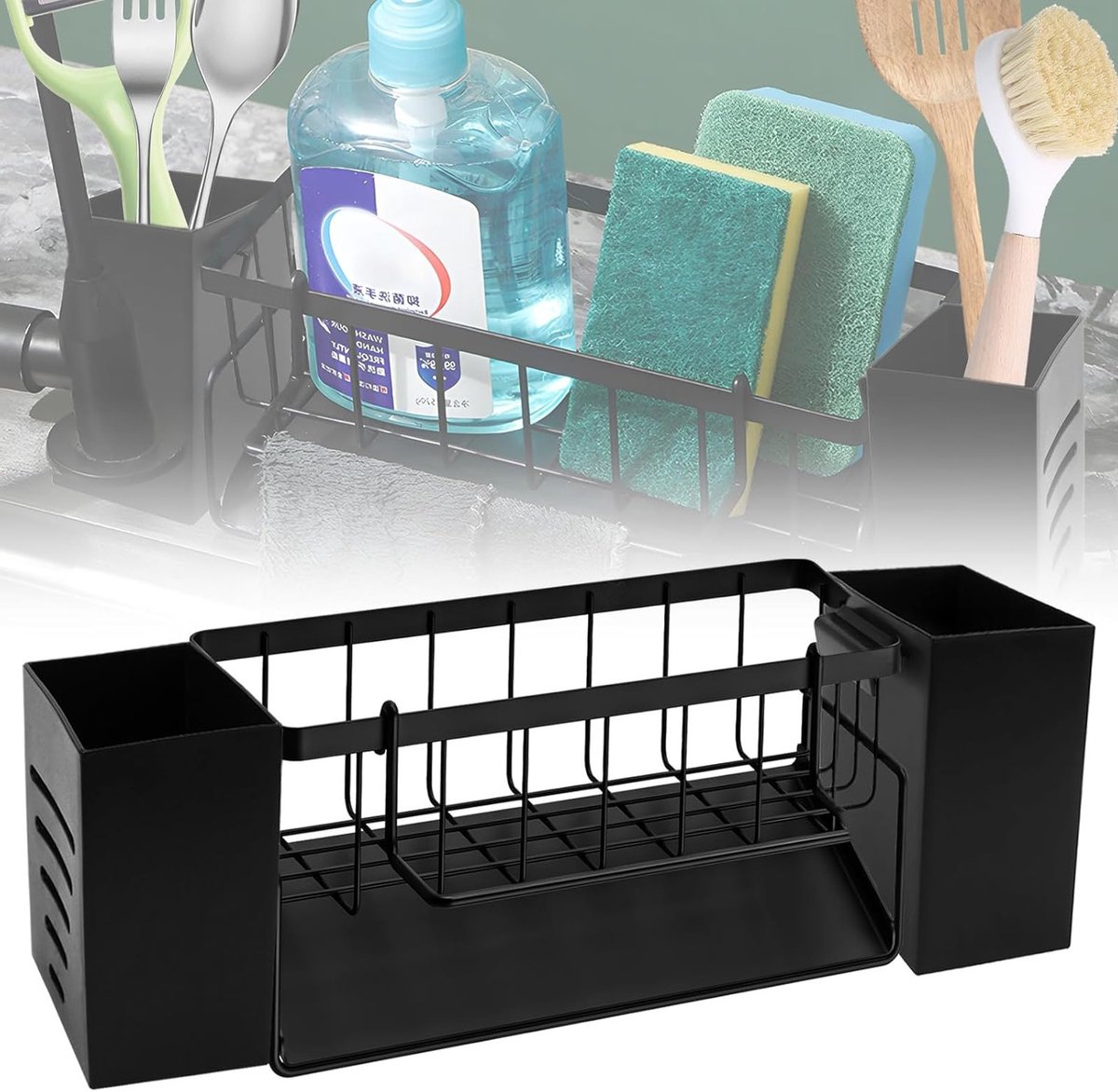 RVS Spoelbak Organizer voor Keukenaccessoires - Zwarte Schuurspons Houder en Droogrek