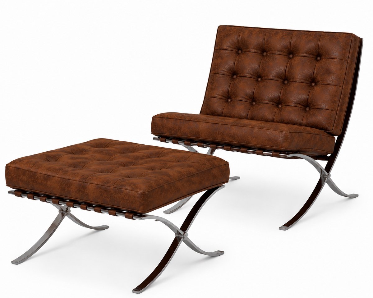 Oslo Chair + Hocker - Vintage Bruin - Fauteuil - Stoel - Luxe Variant