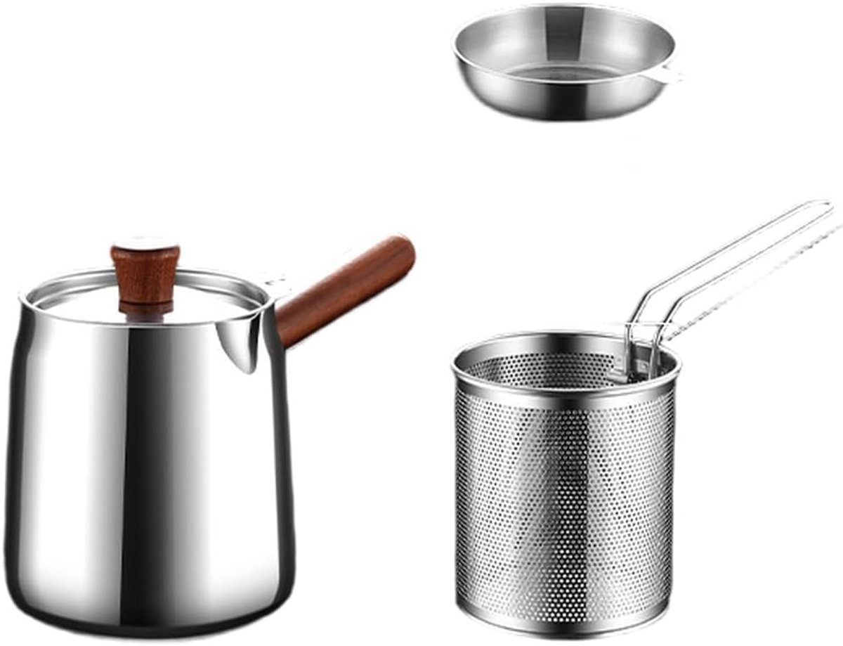 Roestvrijstalen Frituurpan - Vet Bewaarder Zeef - Frituren Koken - Walnoot Handvat - 1.5L 2.0L - Zilver