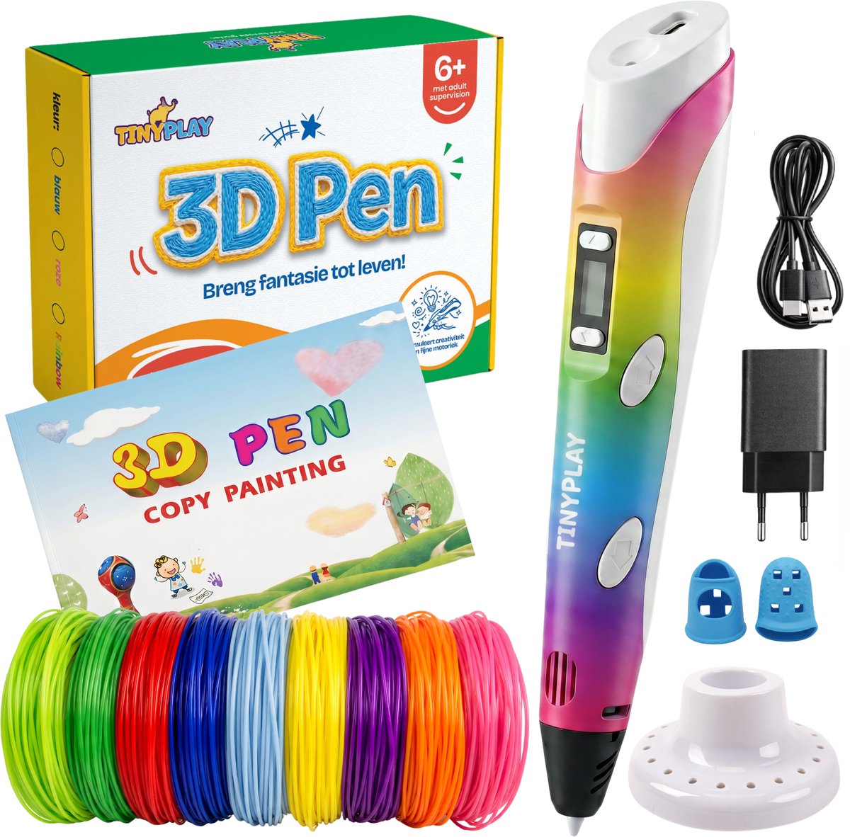 TinyPlay Rainbow 3D Pen Starterspakket – 3D tekenen - 40m Vullingen PLA Filament 1.75 mm – 3d pennen tekenset - Voor kinderen - Sjablonen boek