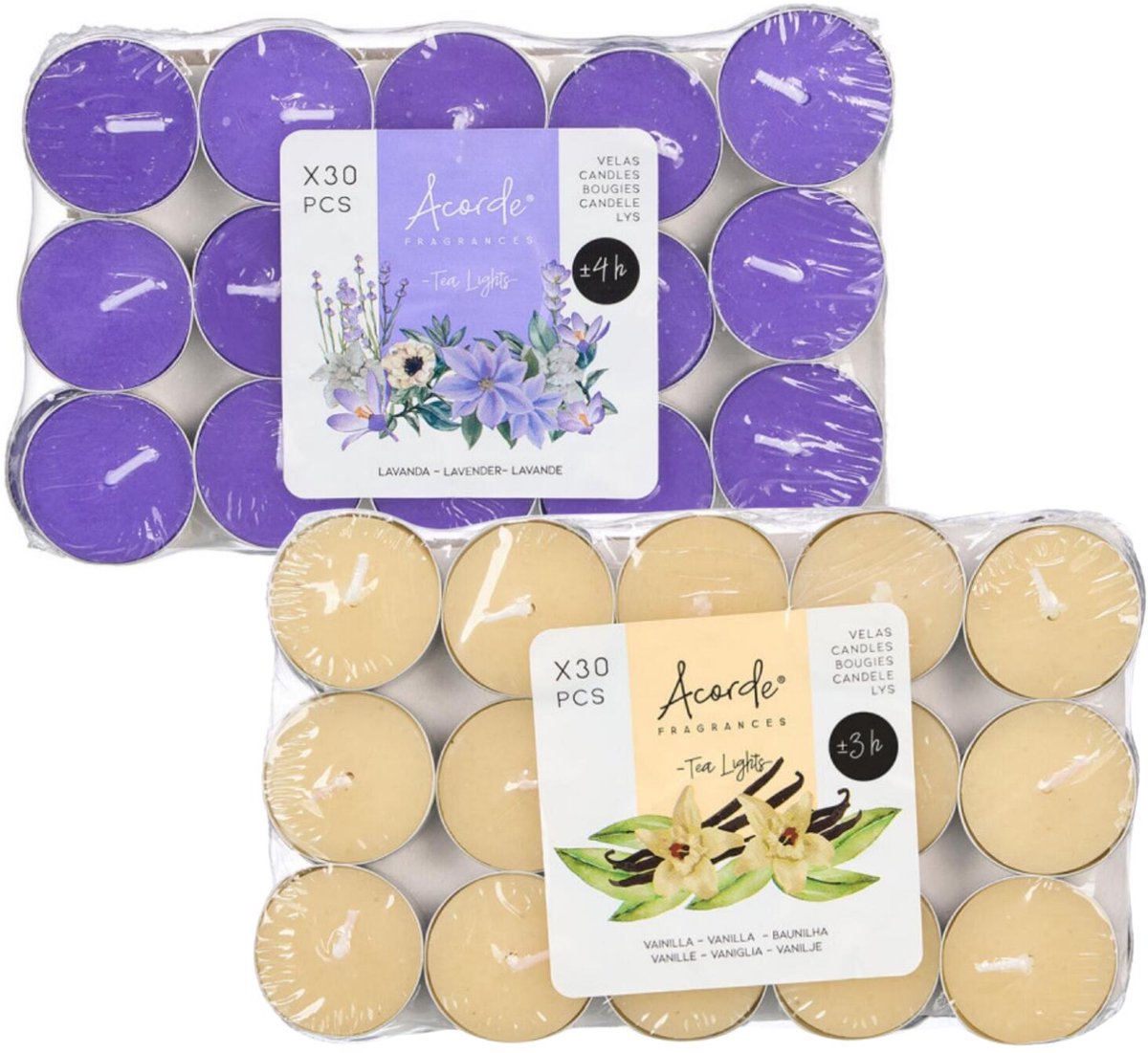Atmosphera Acorde theelichtjes - 60x - 30x lavendel - 30x vanille - aroma/geurkaarsen Amber