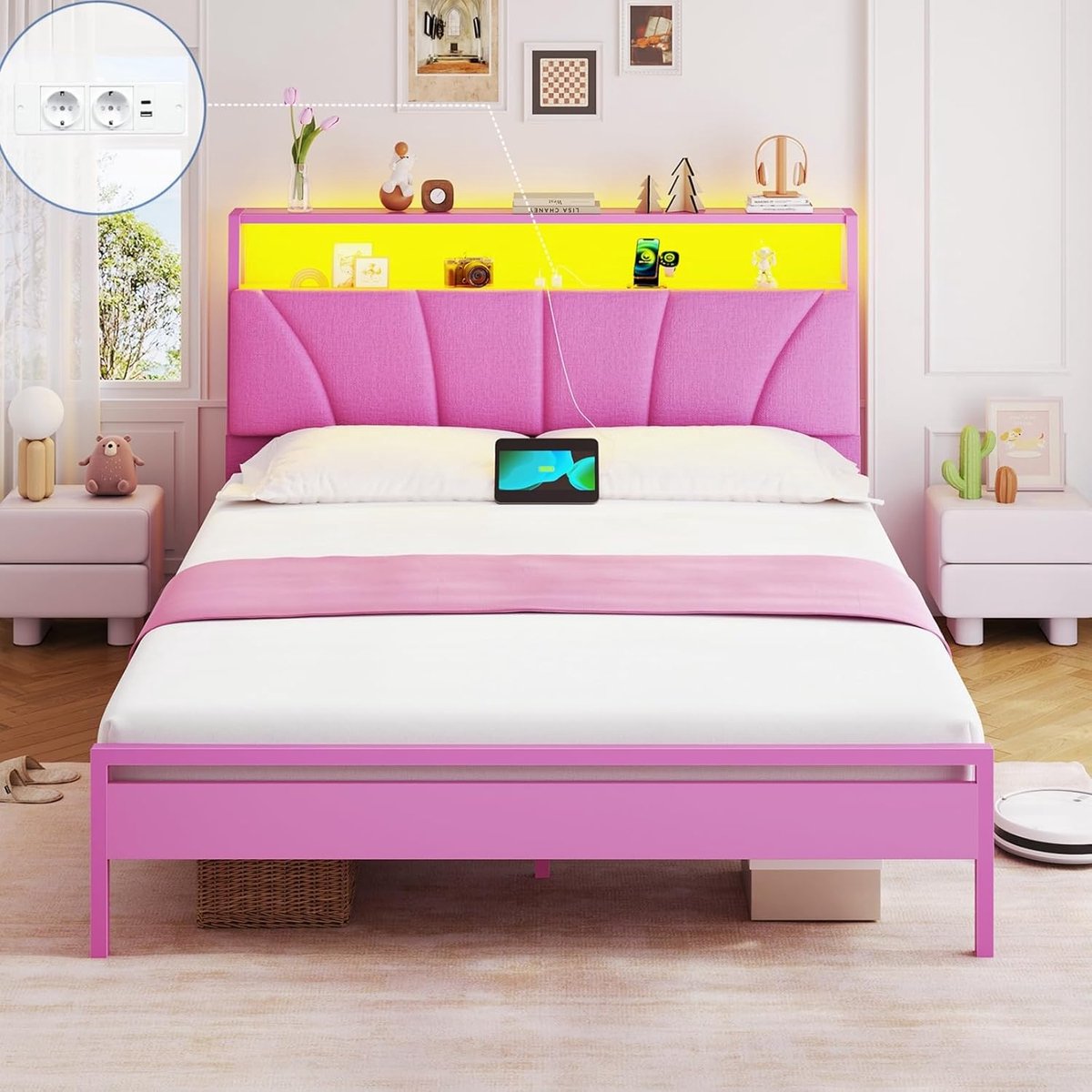 Luxe Comfort Meisjesbed 120 x 200 cm – Metalen Jeugdbed met RGB LED-Verlichting, Geïntegreerd Laadstation, Gewatteerd Roze Linnen Hoofdbord en Opbergplanken – Modern Kinderbed met 250 kg Draagkracht