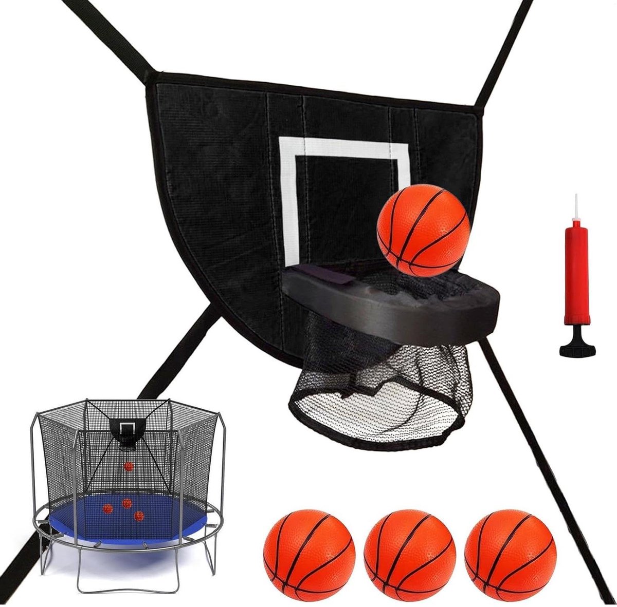 Trampoline Basketbal Set - Springmand Accessoire - Actief Buitenspel - Inclusief Ballen Pomp - 49 x 36 cm Board - Zwart