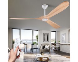 Merdoo Plafondventilator zonder Lamp - 72 inch - 3 Houten Bladen - Afstandsbediening - Wit/Naturel