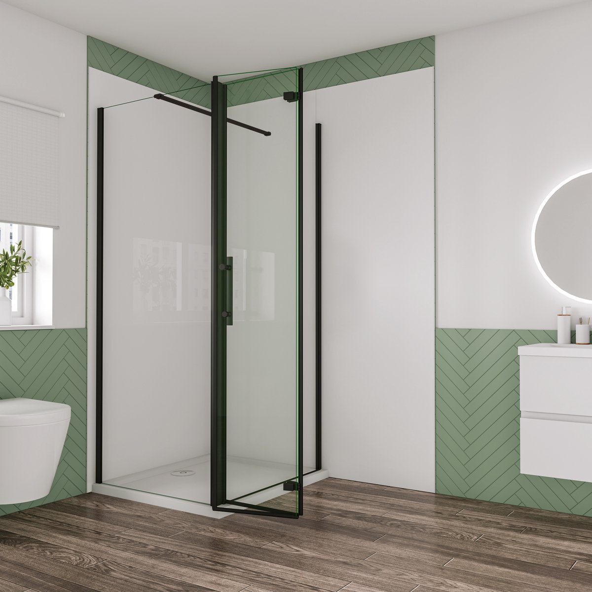 Aica Industriële douchecabine 76x80x195cm met vouwdeur en vaste zijwand 6mm helder EasyClean veiligheidsglas mat zwarte aluminium frame N-vorm 90cm Stabilisatiestang incl. douchebak