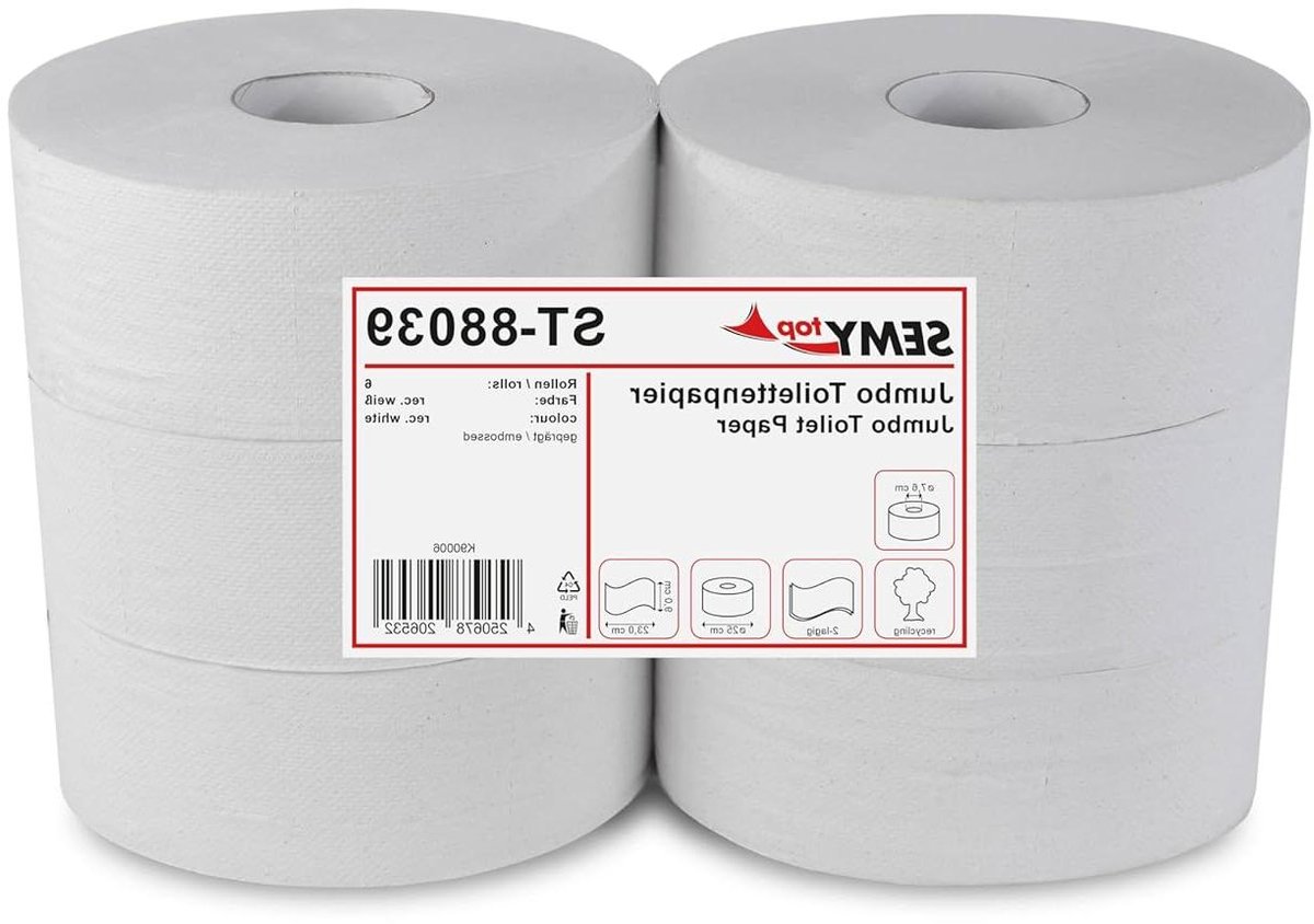Jumbo Toiletpapier - Recyclepapier Rollen - Huishoudelijk Gebruik - Scheurvast en Absorberend - 25 cm Diameter - Extra Wit