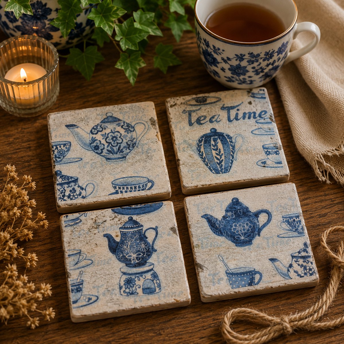 Onderzetters Tea Time - Old Dutch - Set 4 stuks - Hout - Keramiek - Onderzetters voor glazen - Onderzetters glazen - Onderzetters met Design - coasters - houten onderzetters - Cadeau voor vrouwen - Moederdag - Vaderdag - Verjaardagscadeau