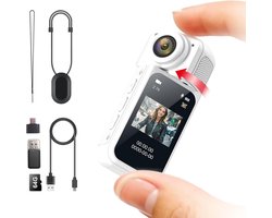 Actiecamera – Minicamera – Klein formaat met veerklem – Draagbaar – Overal te monteren – Geschikt voor fietsen, motorrijden en meer, handsfree POV-opname, helmcamera – Wit