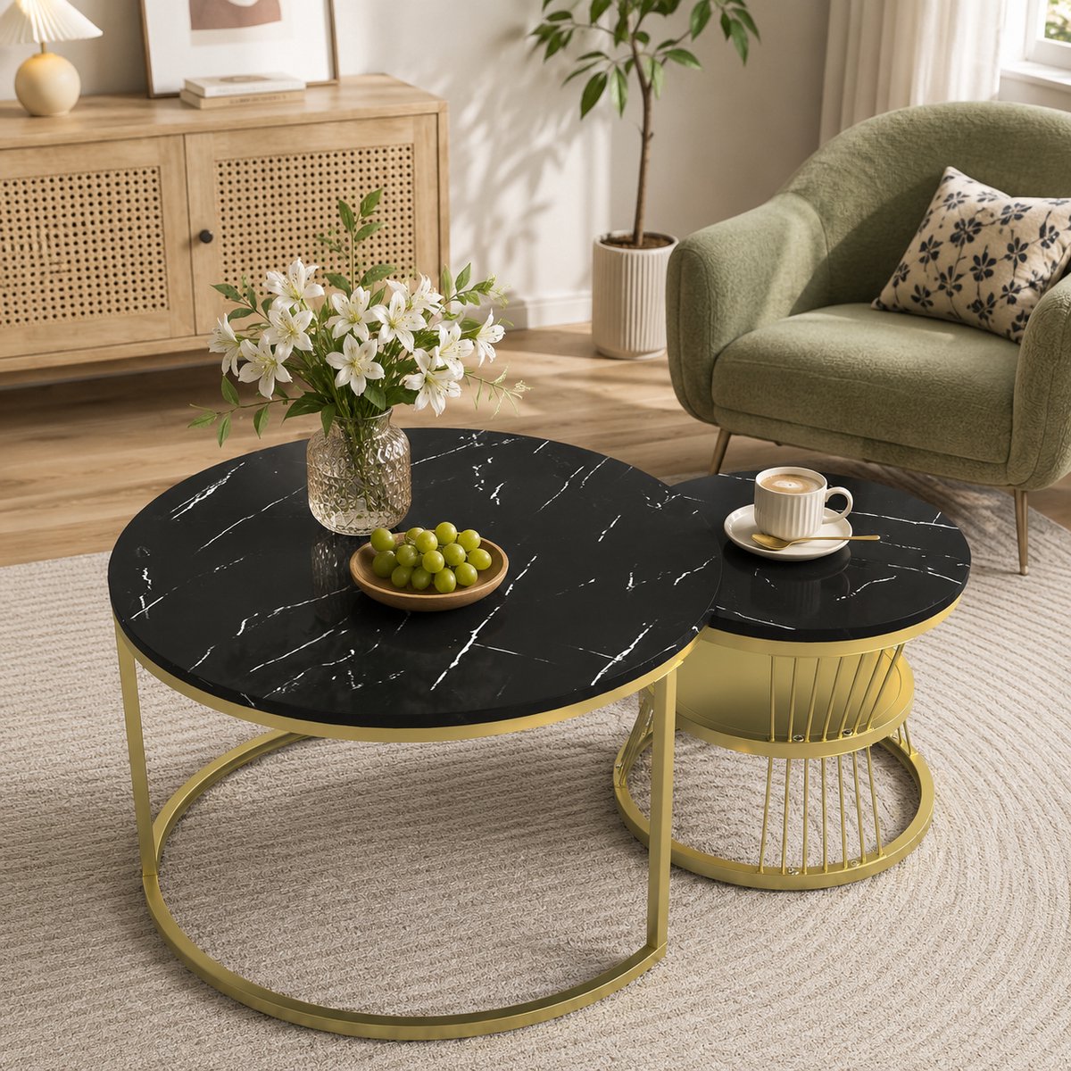 Salontafel Rond Zwart Metalen Set Van 2 – Table Basse Ø70cm & 45cm - Bijzettafel Industrieel - Wit Marmer - Hoogte 45/40 cm