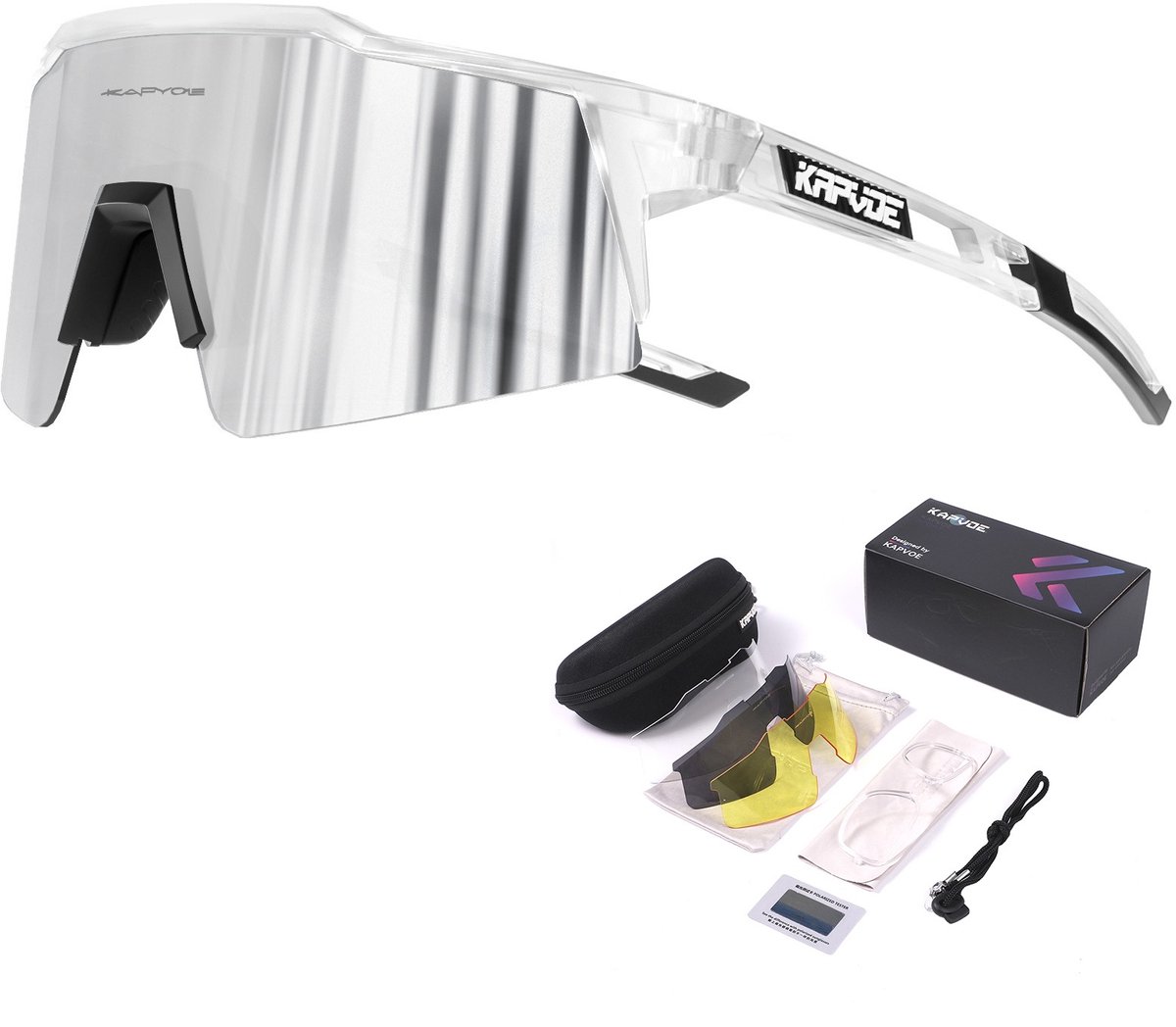KAPVOE Sport Zonnebril - COMPLETE SET - 4 GLAZEN - Fietsbril - Sportbril - Mountainbike - Wielren - Ski - Wintersport - Polariserend - UV 400 - Nachtbril - Hoesje -Brillenkoker - Wit Transparant - apres ski