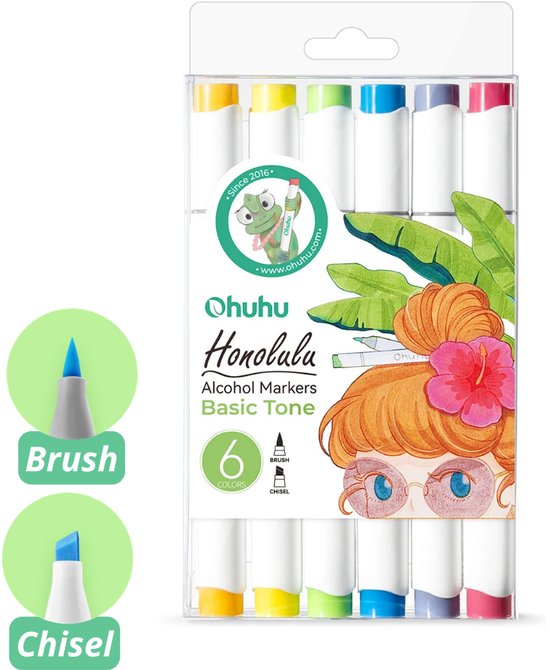 Ohuhu - Honolulu Brush & Chisel - Alcohol Art Markers – 6 Basic Tone kleuren