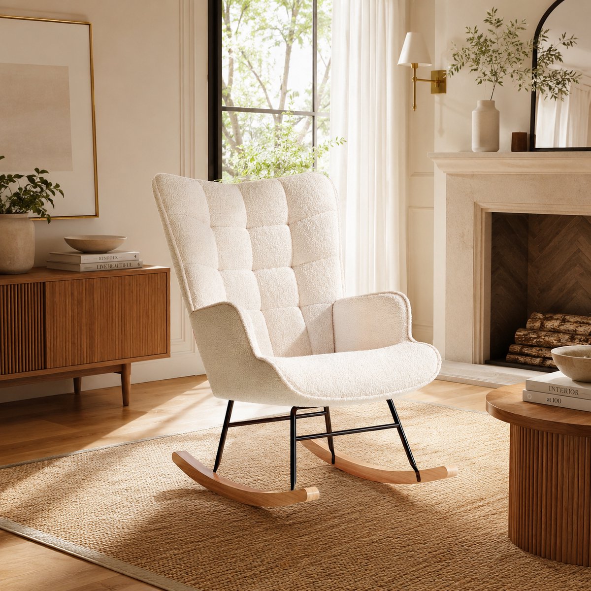 Schommelstoel - Schommelstoelen babykamer - Met kussen - Relaxstoel - Fauteuil - met armleuningen en rugleuning - Voedingsstoel - Beige