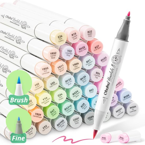 Un set de 48 marqueurs d'art Ohuhu Honolulu B à base d'alcool dans des tons pastel, incluant jaune clair, rose, bleu, vert et gris, avec les labels 'Brush' et 'Fine'.