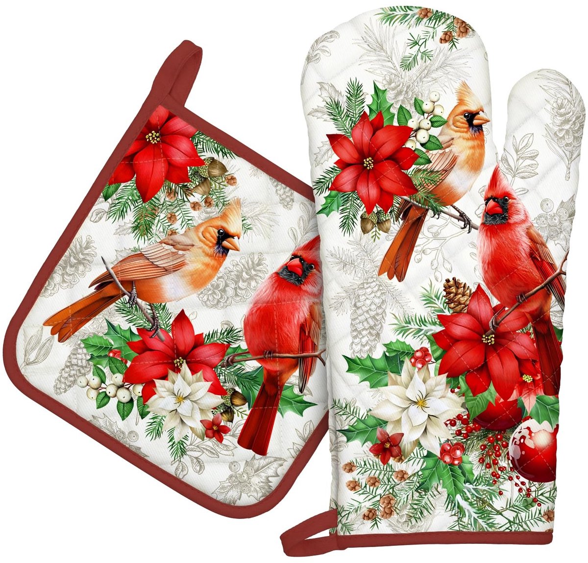 Dailygoods- Ovenwanten Hittebestendig - Pannenlappen - Set van 2 - 100% Katoen - 19 x 35 cm - Kerstkardinaal Patroon - Keukenhandschoenen