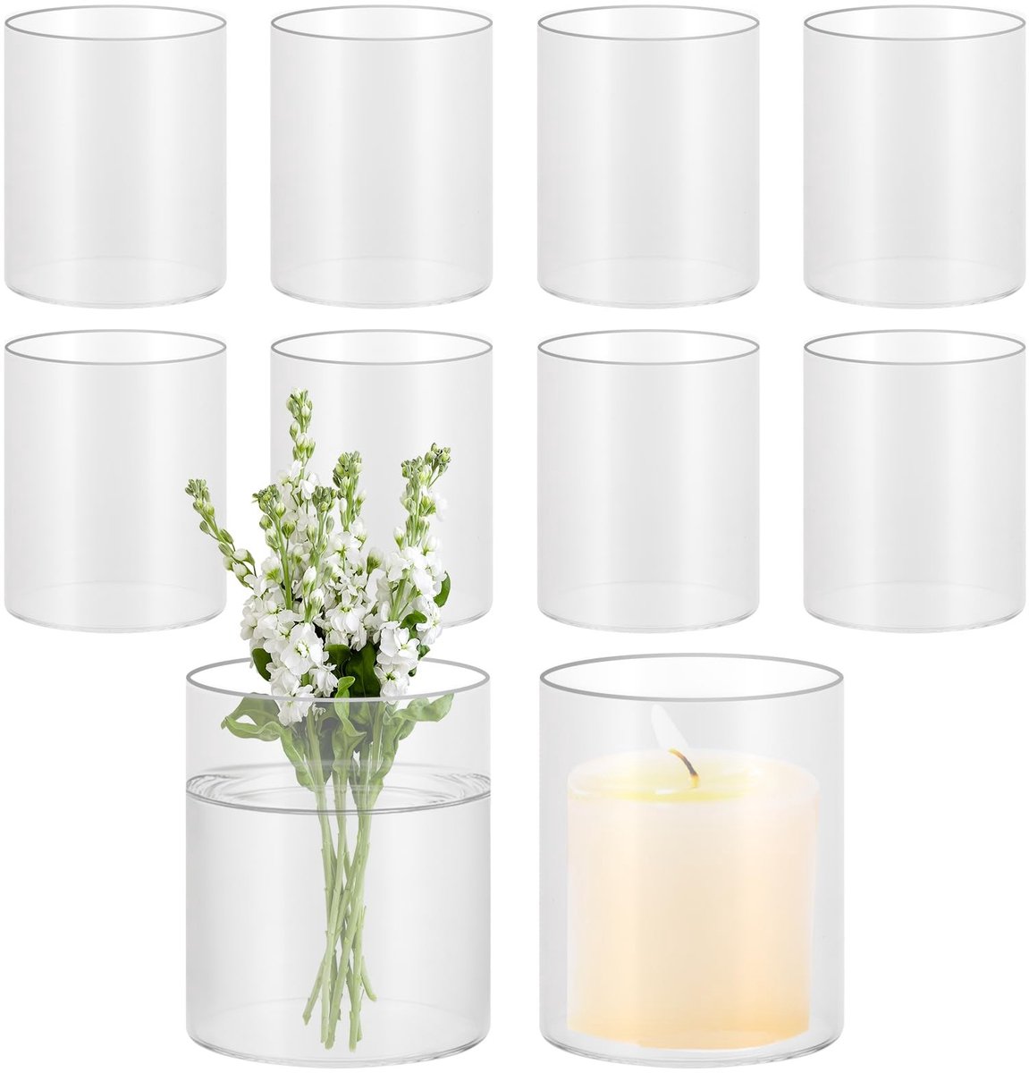 Dailygoods- Kaarsglas 10 cm hoog - Glazen Vaas - Cilindrische Vaas - Decoratie - Set van 8 - Heldere Glazen Cilinders - Bloemenvaas