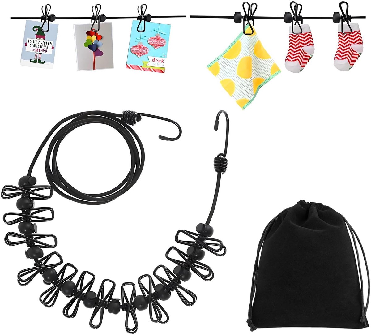 Dailygoods- Waslijn Draagbaar - Oprolbaar - Elastisch - 12 Klemmen - Uittrekbaar 180/360 cm - Lichtgewicht en Compact - Reiswaslijn