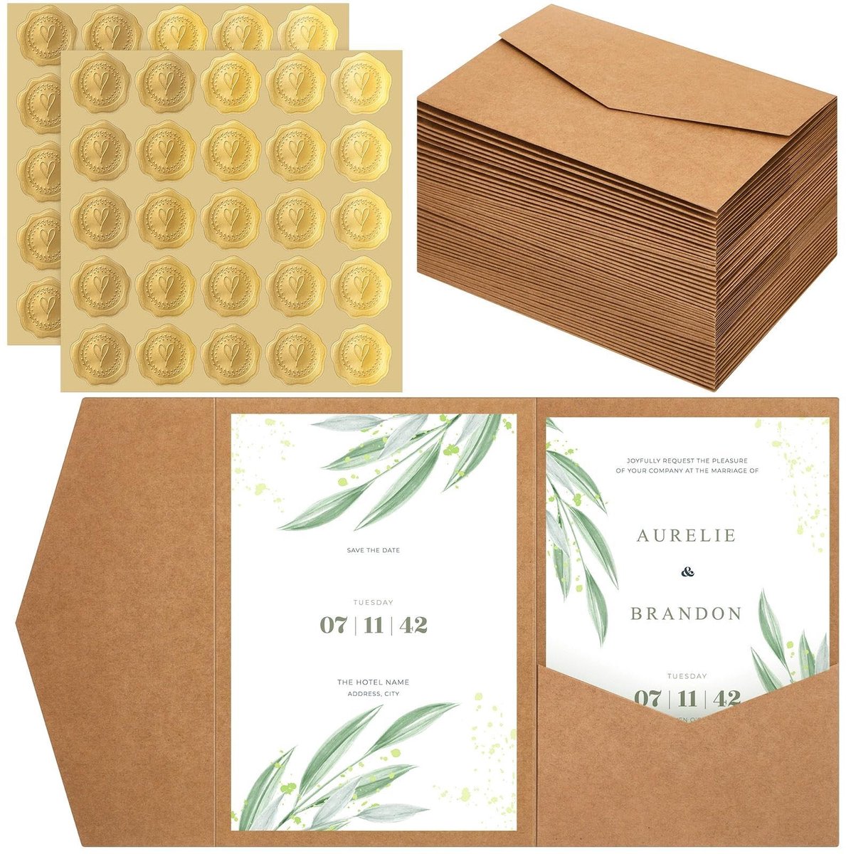 Dailygoods- Enveloppen Kraftpapier - Pocketfold Enveloppen - Zelfklevende Lakzegels - Uitnodigingskaarten - Trouwuitnodigingen - 50 Stuks
