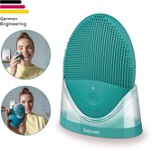 Turquoise gezichtsborstel met standaard. Inzetfoto's tonen een vrouw die de borstel gebruikt.