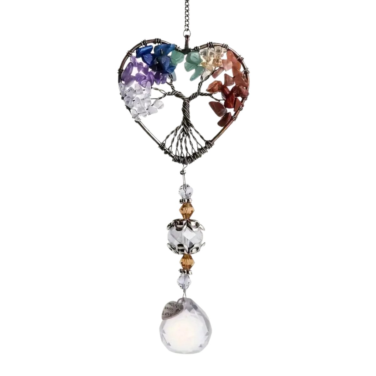 Goodli Suncatcher Levensboom met Kristal - Zonnevanger Raamdecoratie met Prisma en Edelstenen - 33 cm - Brons en Meerkleurig Edelstenen Suncatcher Levensboom Hartje