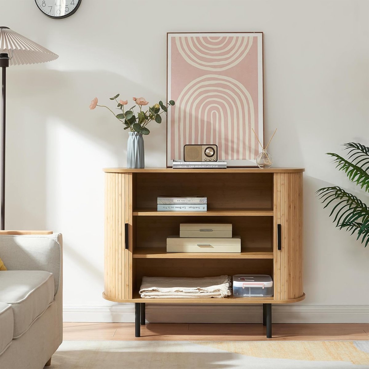 Schoenenkast 100 x 40 x 80 cm Bamboe Zwart/Naturel – Smalle Opbergkast met Schuifdeuren, 3 Opbergvakken, Hal Kast, Dressoir, Schoenenrek en Multifunctionele Bergkast – Mobili Bella