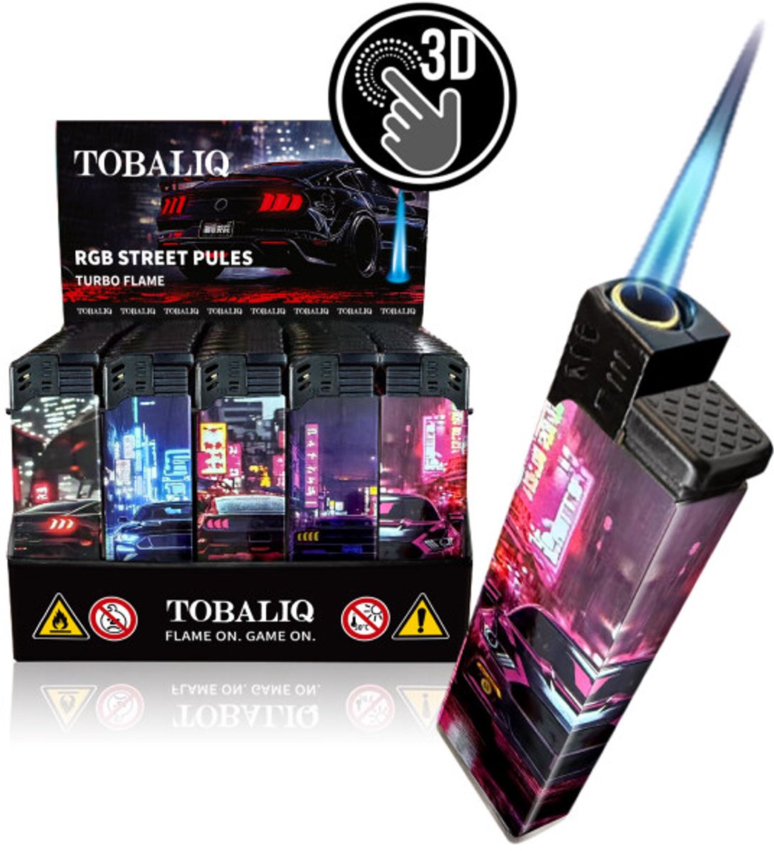 Tobaliq - Display 50 stuks- Turbo Aansteker - Design 3D JET-Motiefaansteker RGB Street - Aansteker - Navulbaar - Stormaansteker - Vuurwerk aansteker - BBQ
