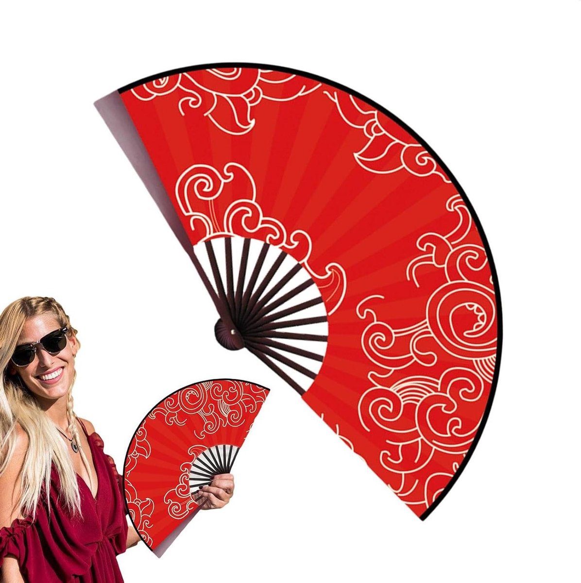 Opvouwbare Handventilator - Chinese Ventilator - Dansen Feesten - Oosters Esthetisch Design - 48 cm Uitgevouwen - Rood Zwart