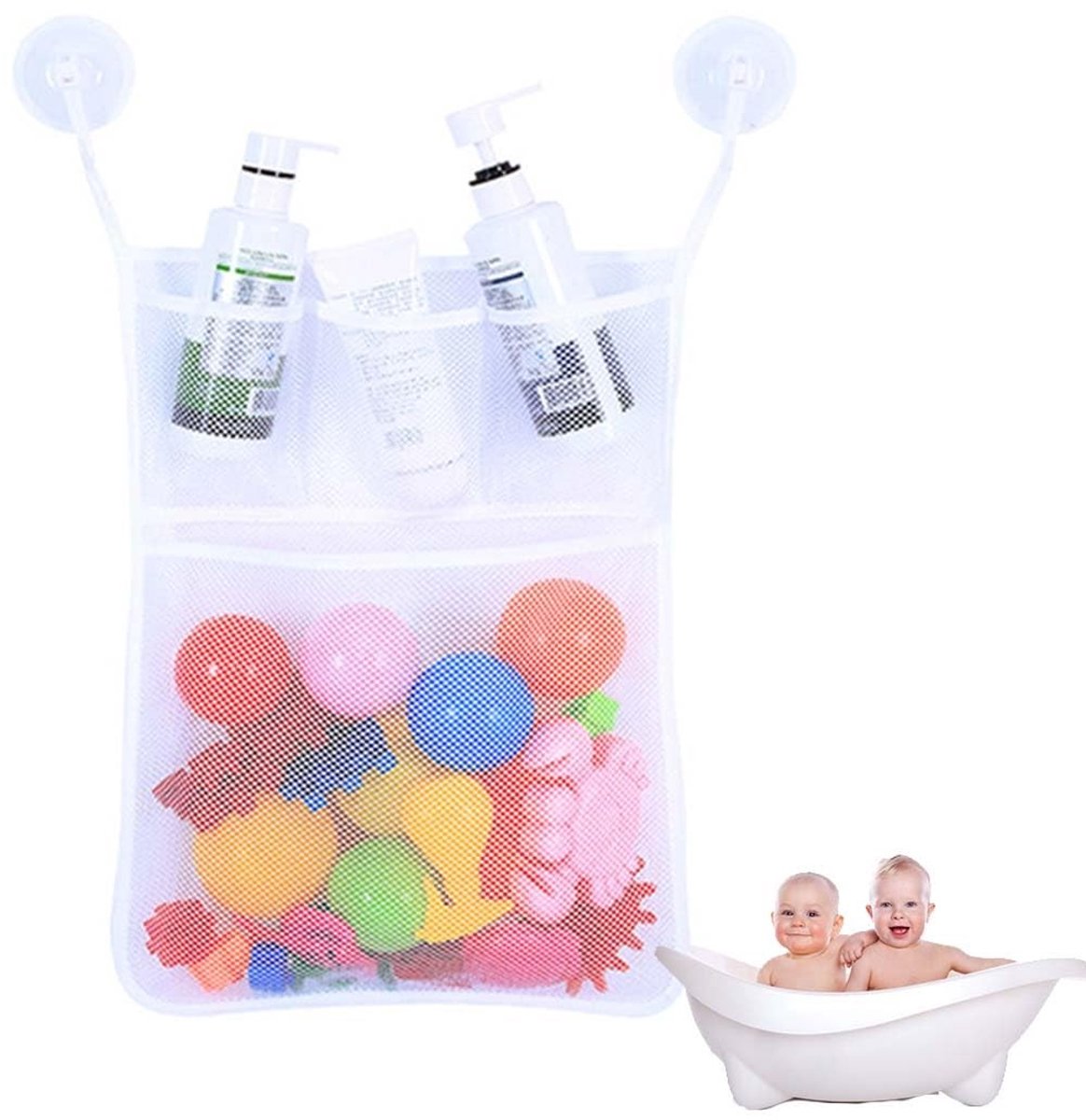 Dailygoods- Speelgoedorganizer met 4 grote netvakken - Badkamer organizer - Douchespeelgoed net - Opbergnet voor kinderspeelgoed - Scheurbestendig materiaal - Houdt badkamer schoon en netjes