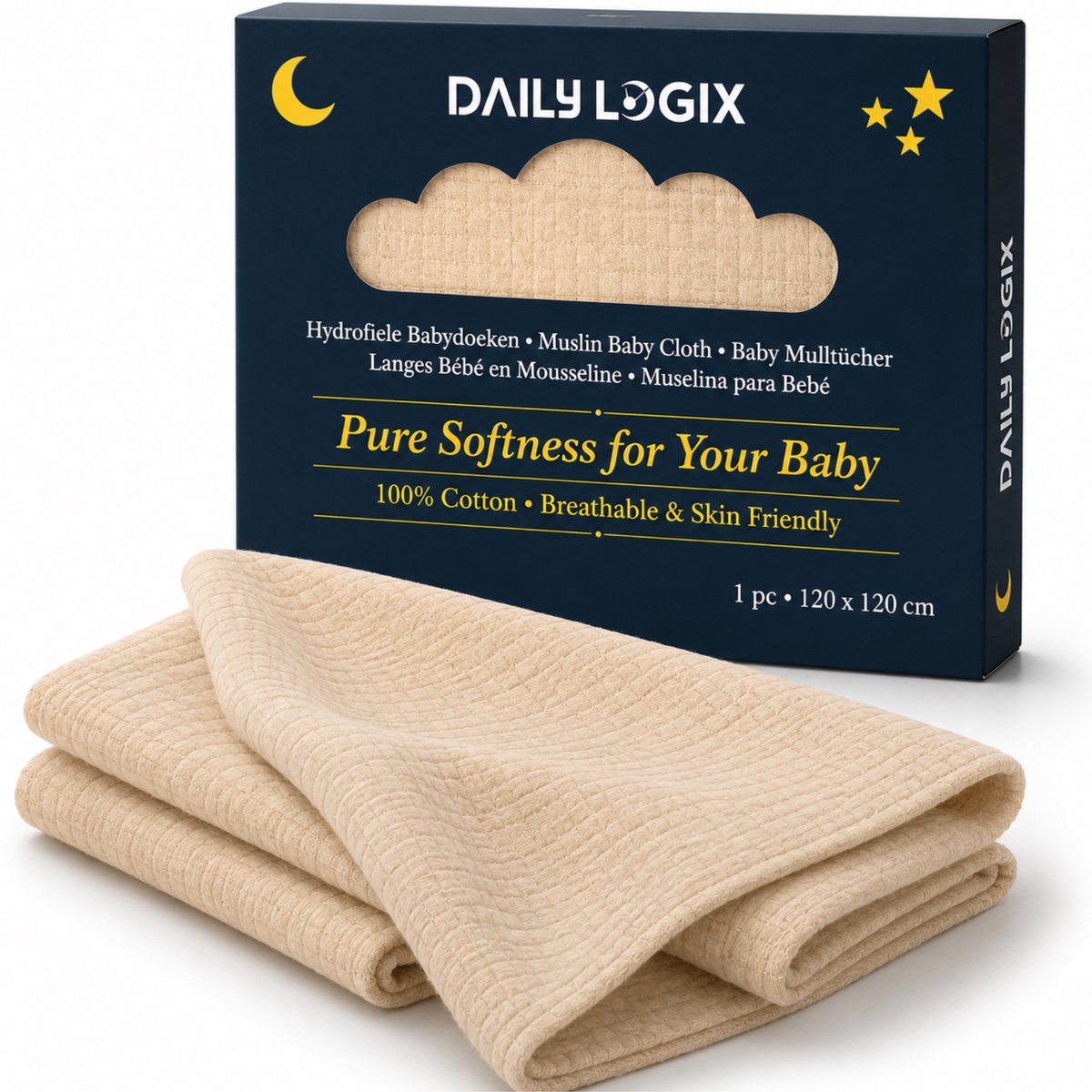 Daily Logix Hydrofiele Doek 120x120 cm – Voedingsdoek Baby – Spuugdoek – Kraamcadeau – 4-Laags Katoen – Extra Zacht – Beige