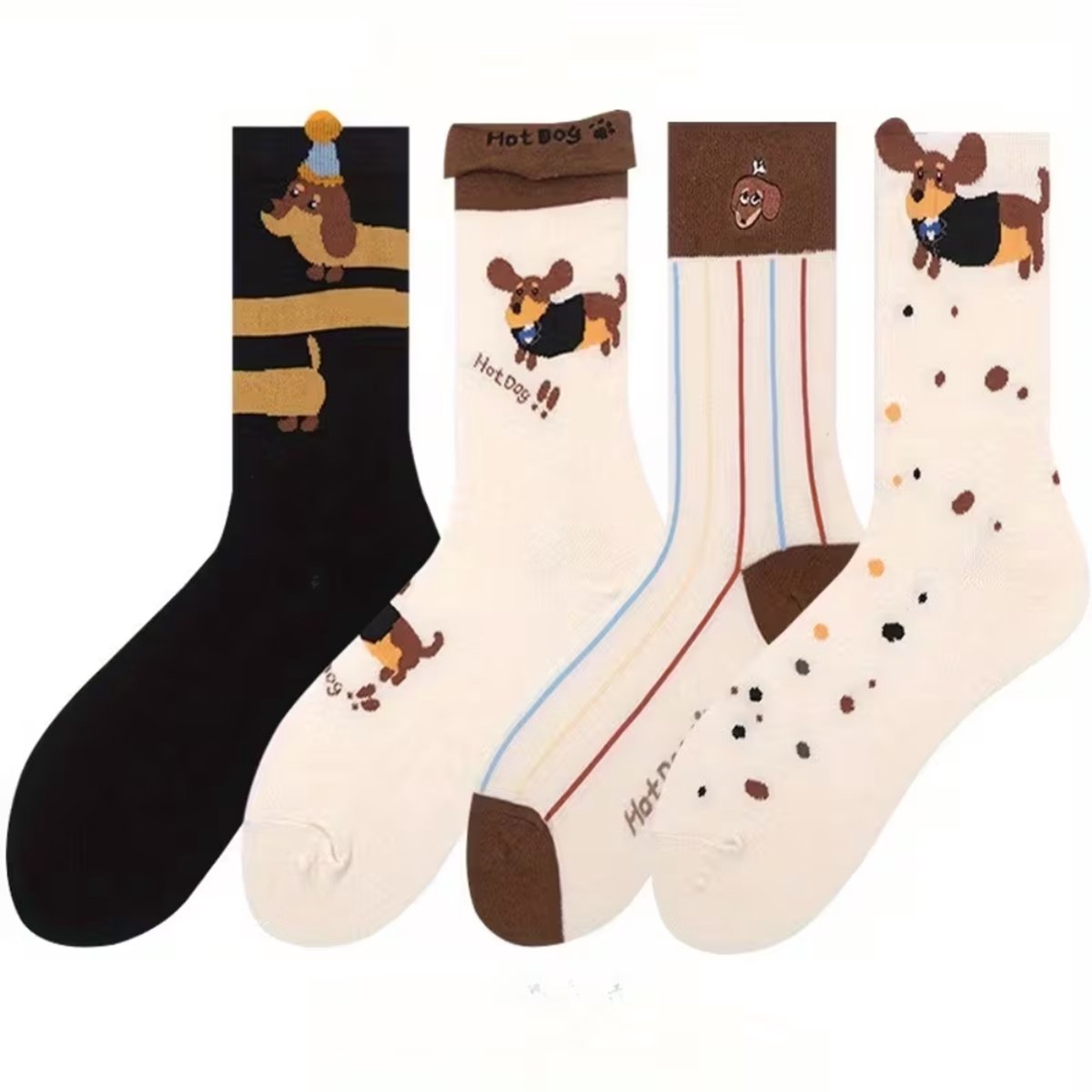 FA-VE Teckel Sokken Dames & Heren – Set van 4 Paar – Honden Sokken met Teckel Print – One Size