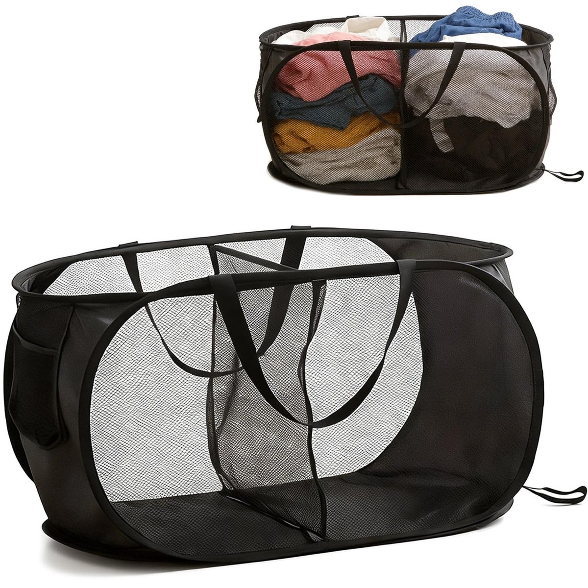 Dailygoods- Wasmand 2 Vakken - Opvouwbare Wasmand - Polyester - Ademend - Versterkte Handgrepen - 36 x 36 x 58 cm - Wascontainer