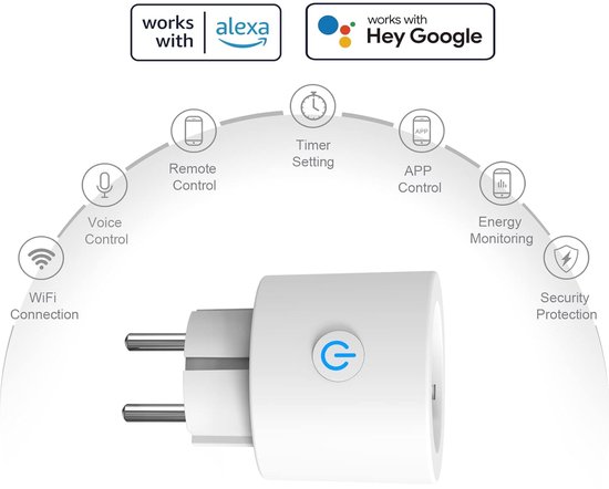 Slimme stekker met aan/uit-knop, omringd door iconen voor wifi, spraak- en app-besturing.