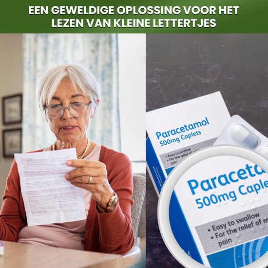 Oudere vrouw met bril leest document. Naast haar een verpakking Paracetamol 500mg Caplets.