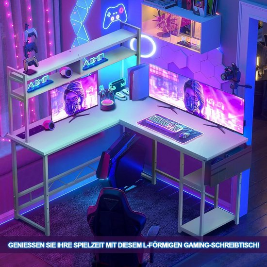 Devoko Gaming Bureau met LED 140 x 120 cm, Gaming Hoekbureau met 2 Stopcontacten en 2 USB-poorten, Computer Bureau met Opbergplanken, Stalen Structuur, Wit — afbeelding 4