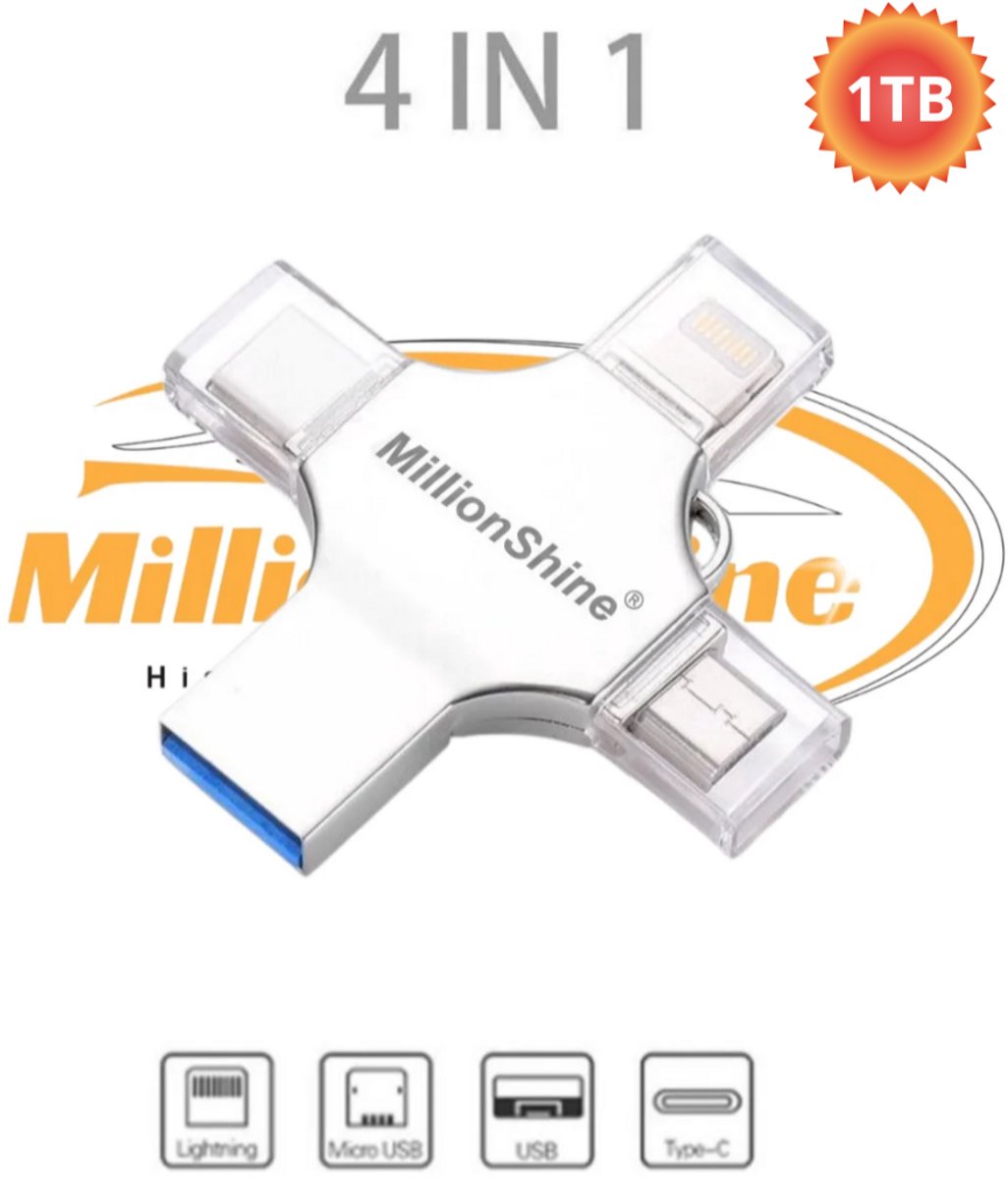 USB Stick 1TB - 4 in 1 Flash Drive - Externe Geheugen voor iPhone / iOS / Android USB-C / USB. 3.0 - Zilver