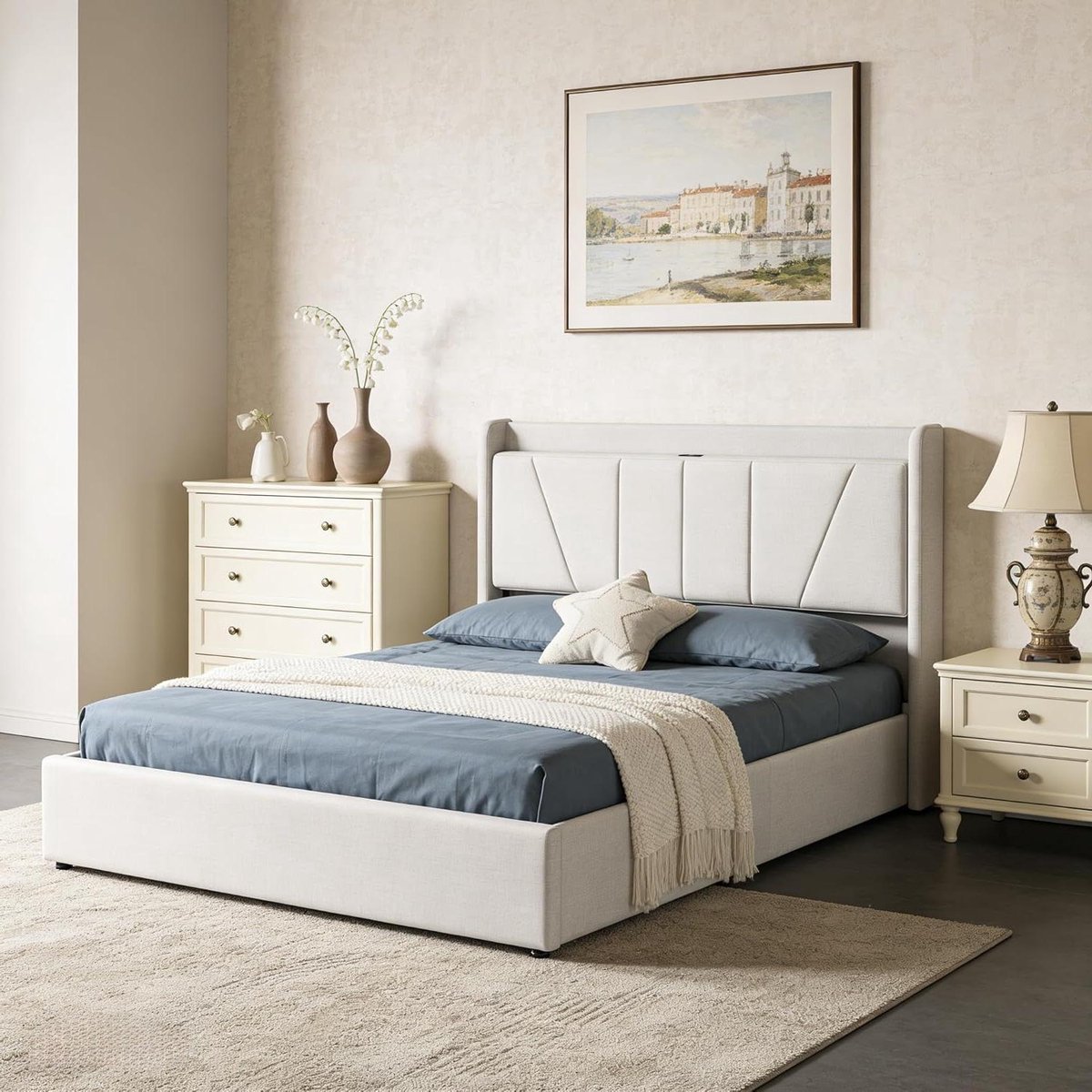 Bed met opbergruimte - Linnen bedframe - Apparaten opladen - Hydraulisch hefsysteem - 140 