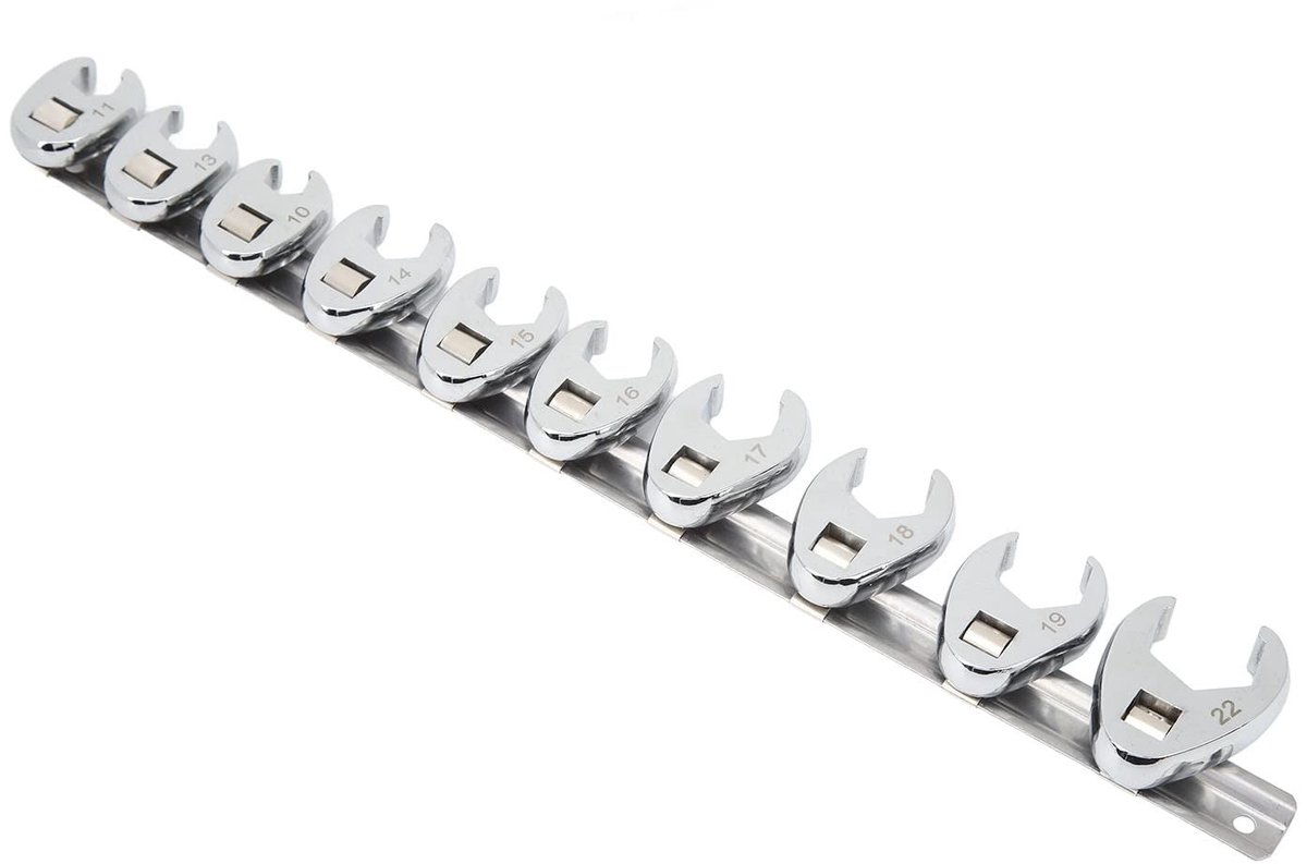 Dailygoods- Moersleutelset 10-22 mm - Kraaienpootsleutelset - Geschikt voor 3/8 inch ratel - Verlengstang - Duurzaam staal - 10 stuks met opbergrail - Kraaienpootsleutel