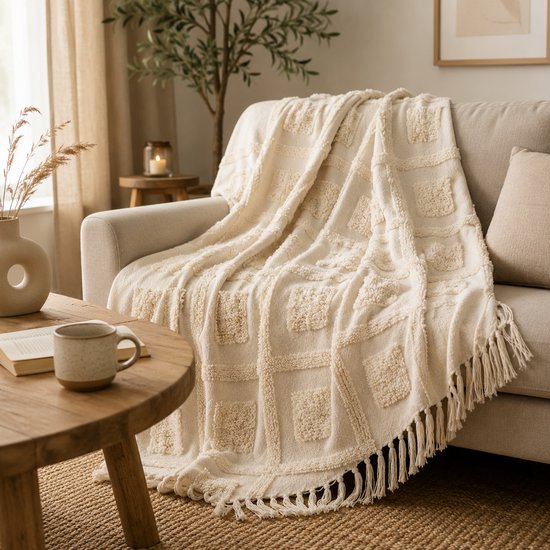 Inca Woondeken - 125 x 150 cm - Getuft Katoen/Polyester - Bohemian Plaid met Franjes - Naturel/Crème - Zacht & Sfeervol