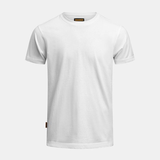 Witte T-shirt van Jobman, met ronde hals en korte mouwen. Oranje label aan de onderkant.