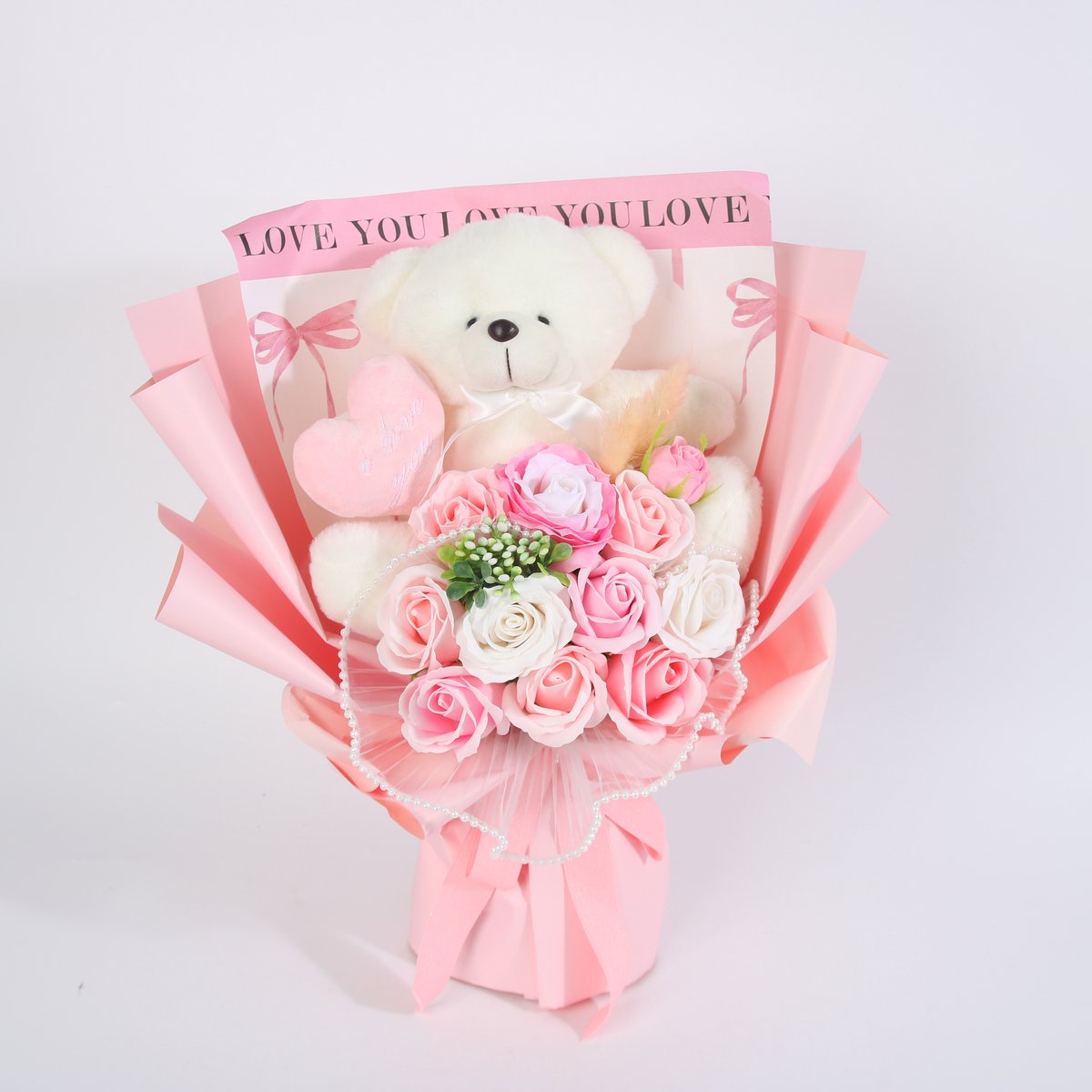 La Roselle Amsterdam Teddybeer met Roze & Ivoor Kunstrozen – Luxe Cadeauboeket met Witte Knuffelbeer – Sweet Teddy Rose Bouquet Collection