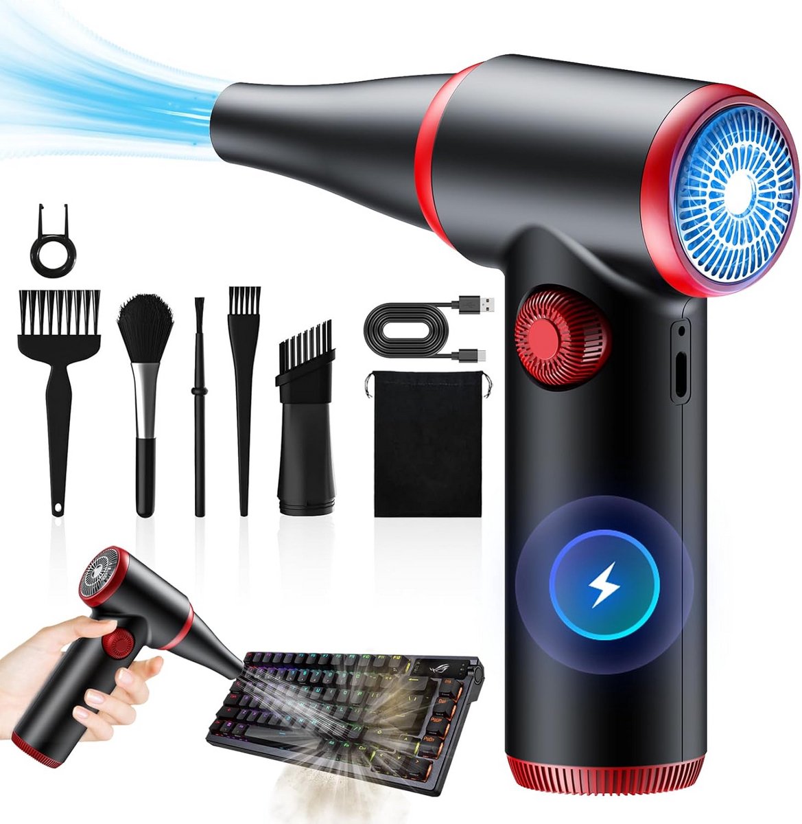ATengeus Electric Dust Blower, Stepless Speed Electric Air Duster, 100,500RPM Compressed Air Spray with LED Light, Reusable Compressed Air Canister, Laptop Cleaning Kit