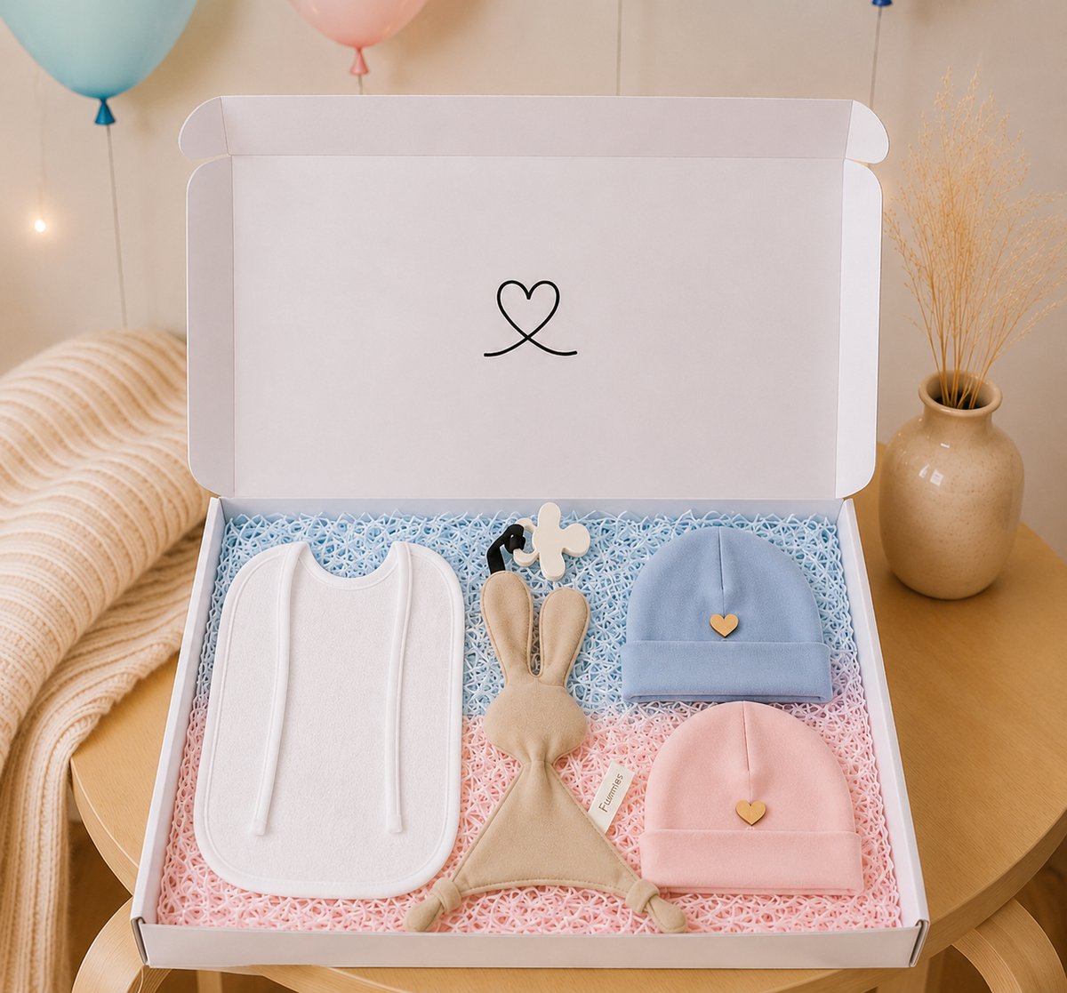 Gender Reveal Cadeau compleet – jongen of meisje- Babyshower & Kraamcadeau Jongen of Meisje – Tutdoekje Snoes, Babymutsjes roze & blauw, slabbetje met koortjes