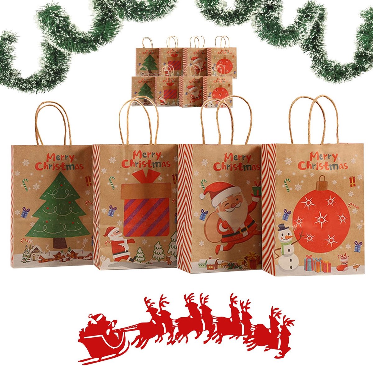 Dailygoods- Kersttas 12 Stuks - Kraftpapier - Cadeautas - Geschenktas - Cadeauverpakking - 21x15x8cm - 4 Patronen