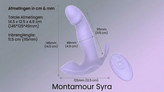 Paarse vibrator met afstandsbediening, met gedetailleerde afmetingen in cm en mm.