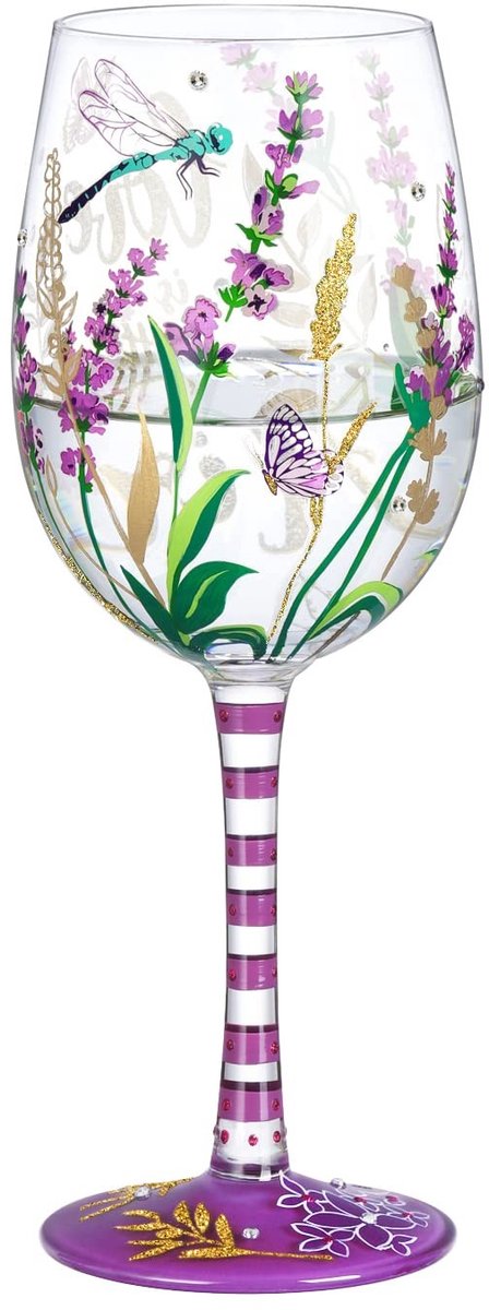 Dailygoods- Wijnglas Handgeschilderd - Lavendel/Libelle - 15oz - Kristalglas - Gepersonaliseerd - Inclusief Geschenkdoos - Uniek Ontwerp - Cadeauglas