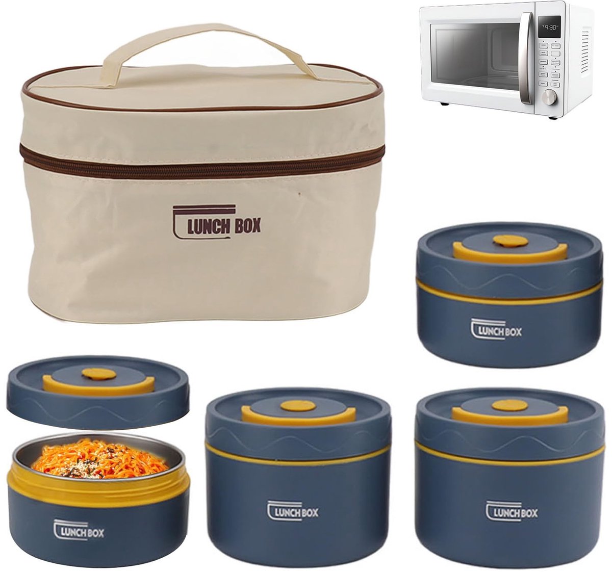 Dailygoods- Bento-box Geïsoleerd - Ronde Lunchbox - Roestvrij Staal - Thermische Tas - Draagbare Set - Magnetronbestendig