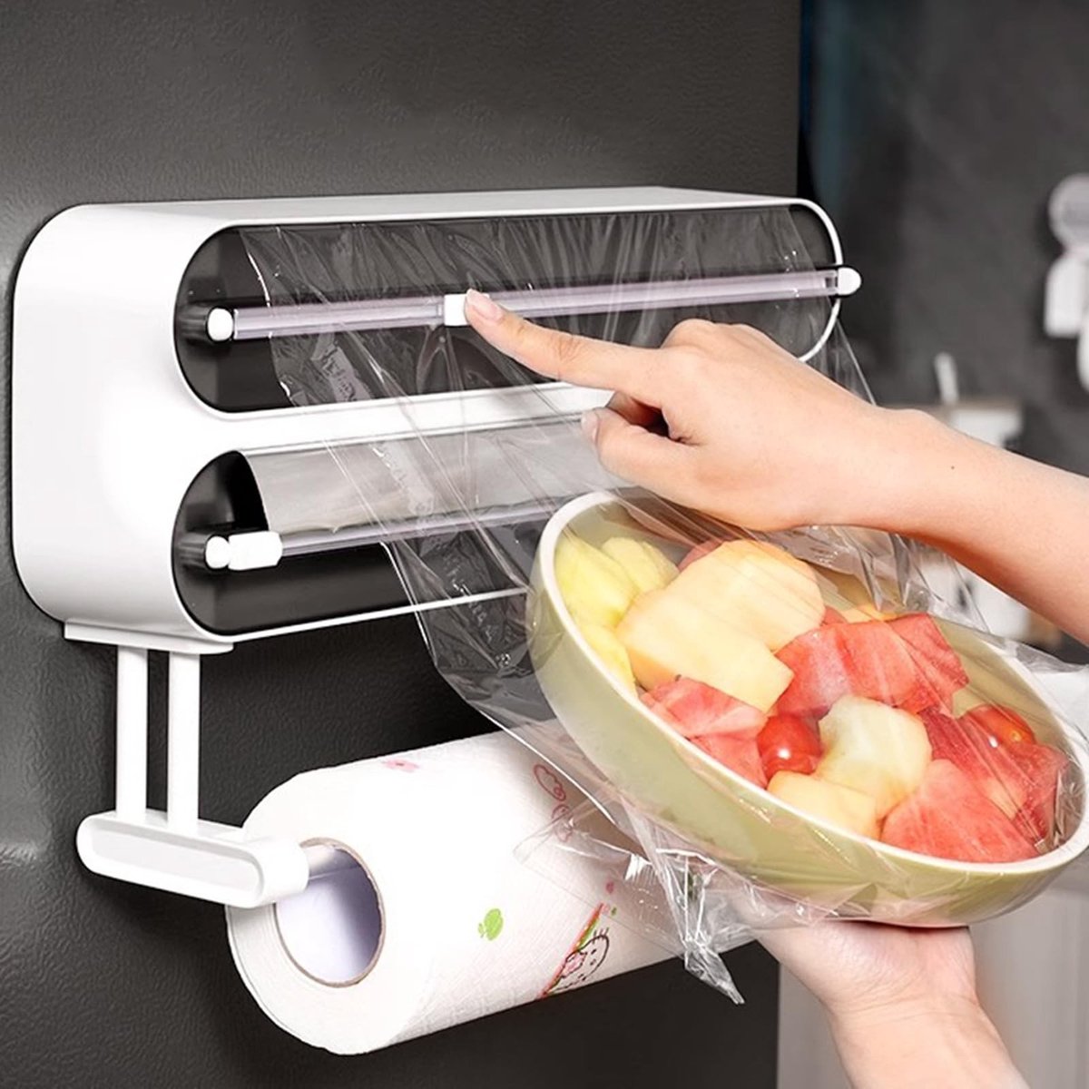 Dailygoods- Vershoudfoliedispenser 3-in-1 - Wandhouder - Folieschaar - Handdoekhouder - Zwart - Ruimtebesparend ontwerp - Keukenrolhouder