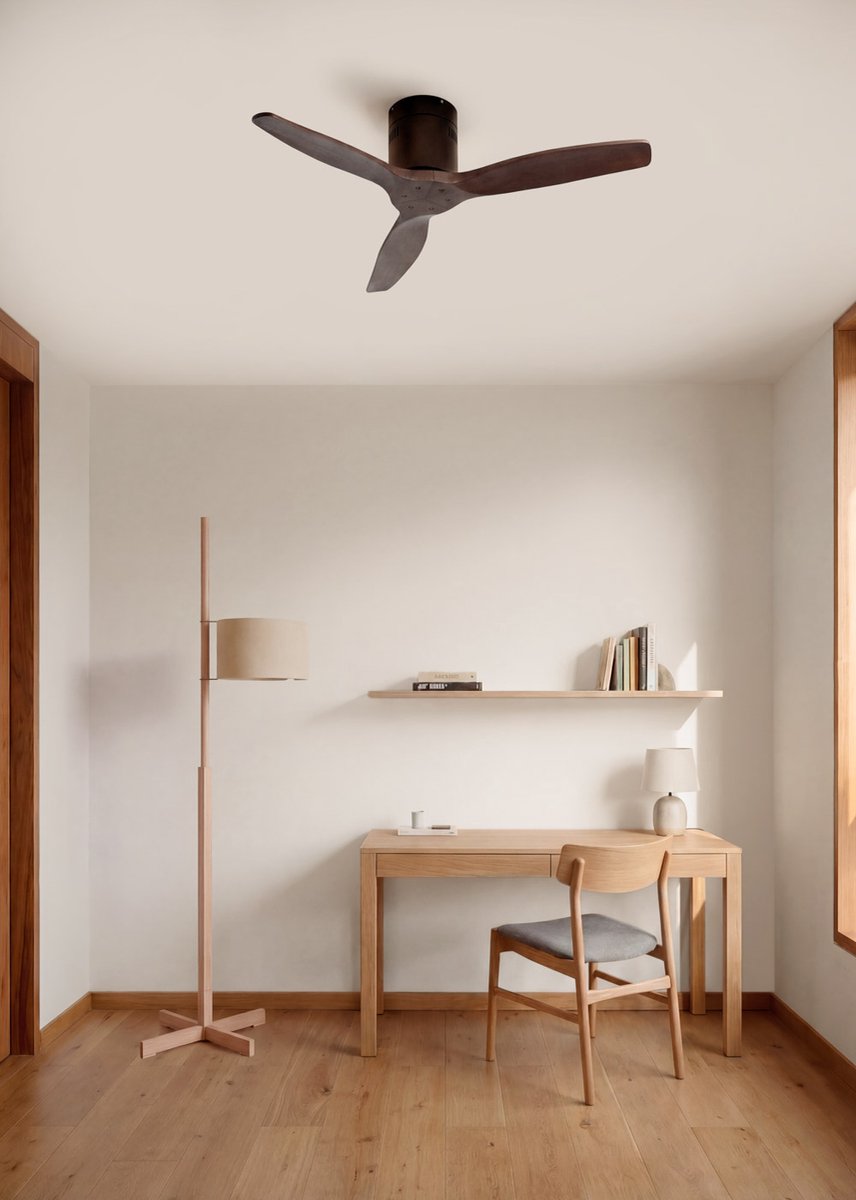 CREATE - Plafondventilator silent 100% hout 40W (Ø112cm) - Geen licht - Controller voor wandmontage + Afstandsbediening - 6 snelheden - Programmeerbaar - WIND CALM NATURAL WOOD