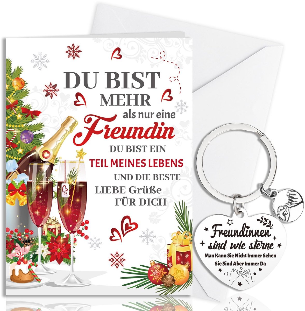 Dailygoods- Kerstcadeaus voor Vriendin - Kerstkaart met Envelop - Sleutelhanger - Vriendschapsgeschenk - Fluwelen Zakje - Unieke Spreuken - Vriendin Cadeau