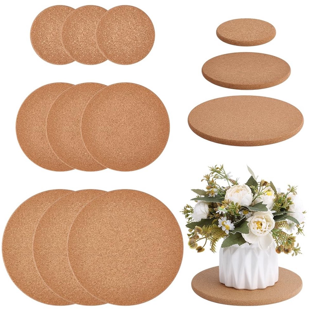 Dailygoods- Kurkplantenonderzetters 12 stuks - Hittebestendig - Antislip - Onderzetters voor glazen - Onderzetters voor pannen - 3 maten met diameters van 100,5/160/190 mm